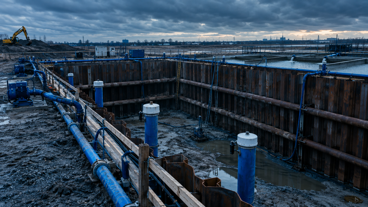 Dewatering infrastructure at an excavation site with wellhead piping